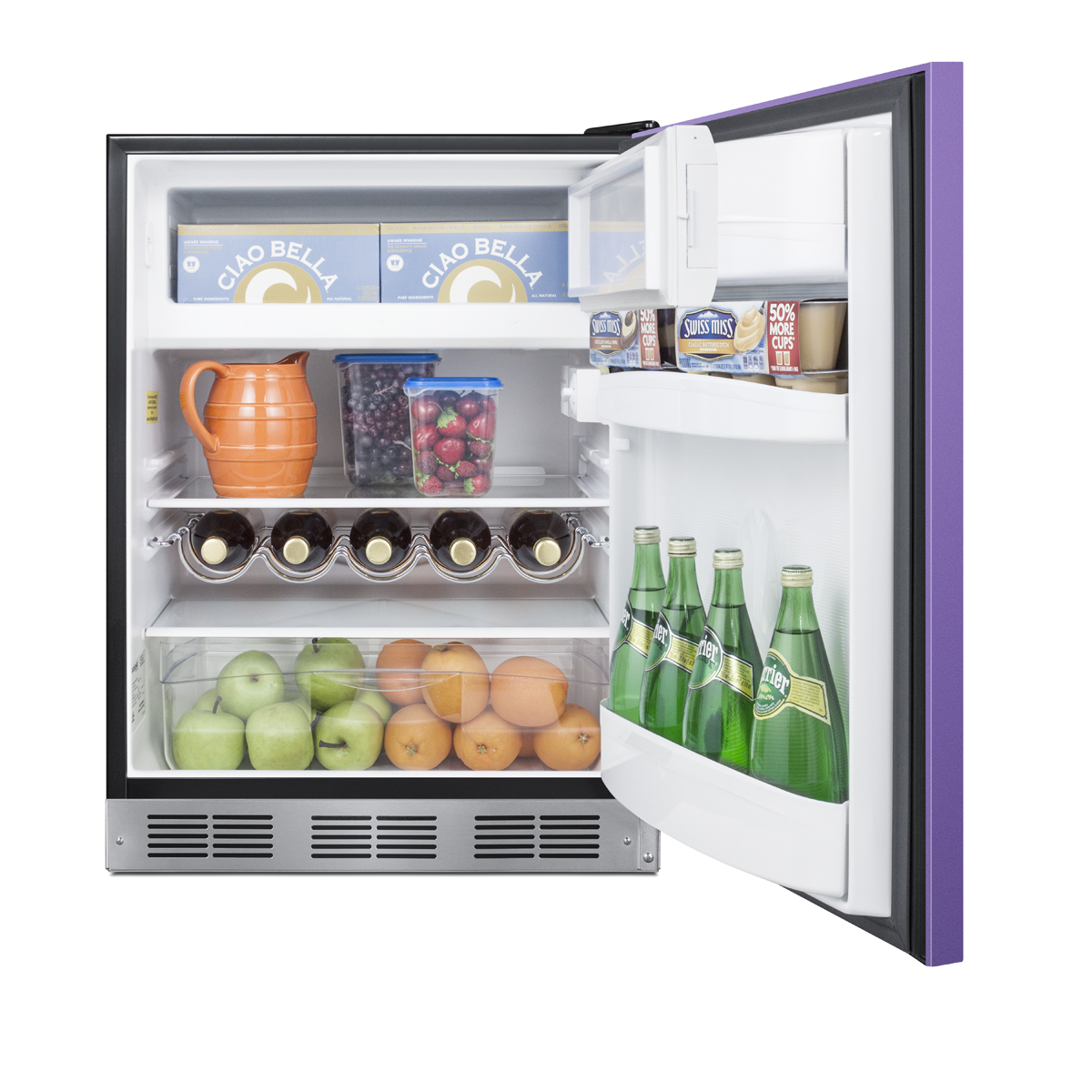 24 in. wide ADA height refrigerator-freezer for residential use with a lavender purple door, stainless steel handle, and black cabinet